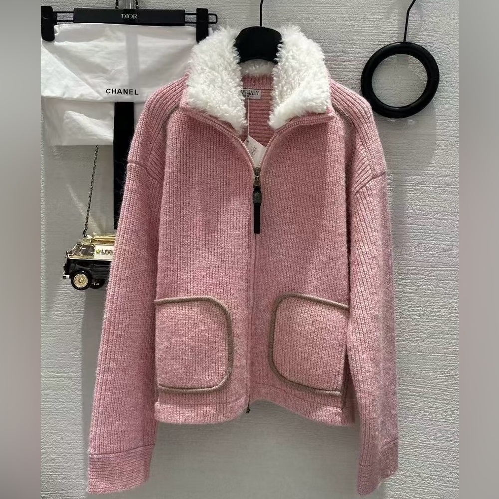 Brunello Cucinelli Pink Knit Jacket with White Sherpa Collar